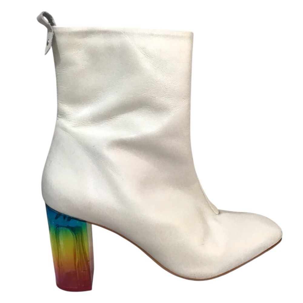 Kurt Geiger London Leather Off White Rainbow Block Heel Ankle Boots Size 38.5
